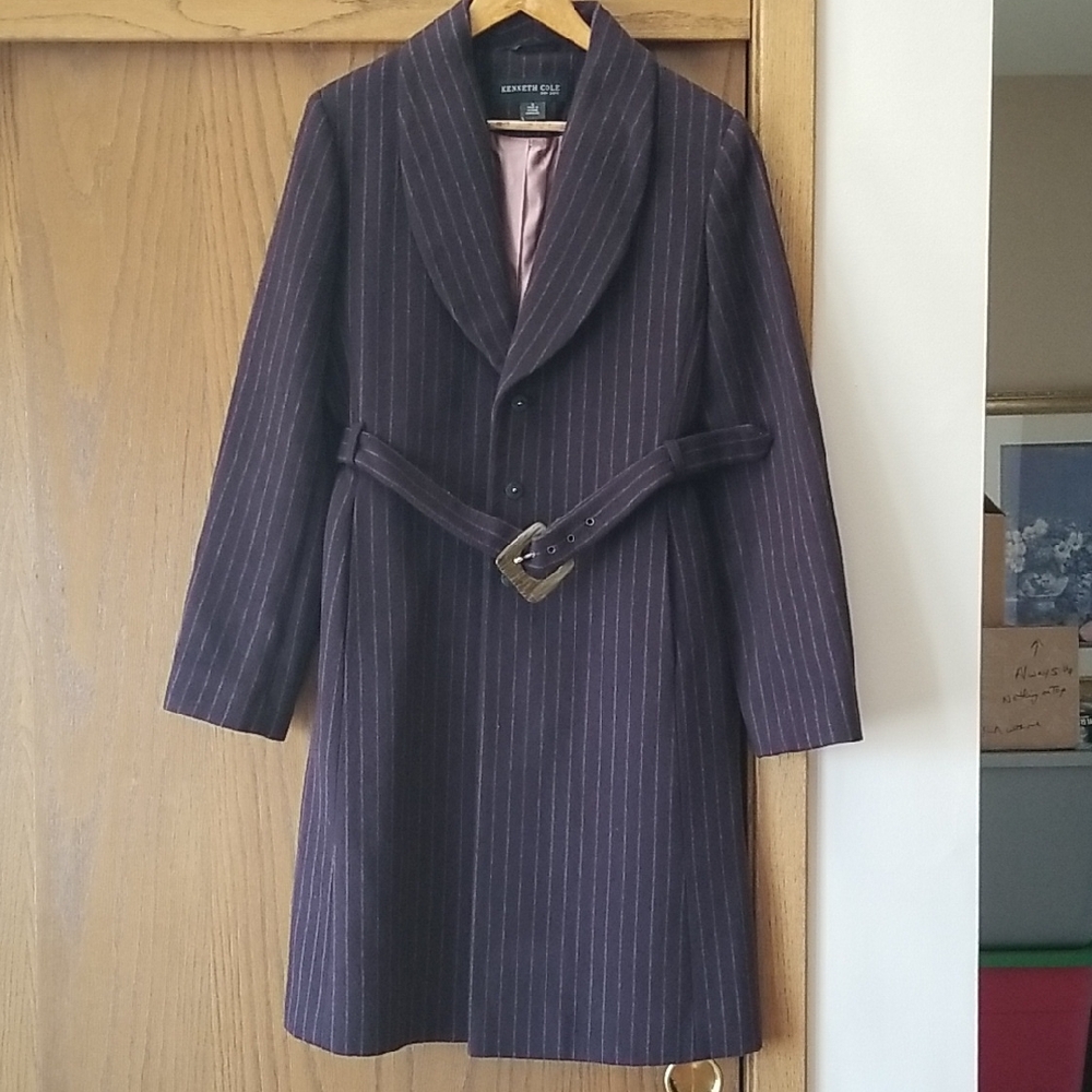 Kenneth Cole Purple Pinstripe Wool Trench Coat